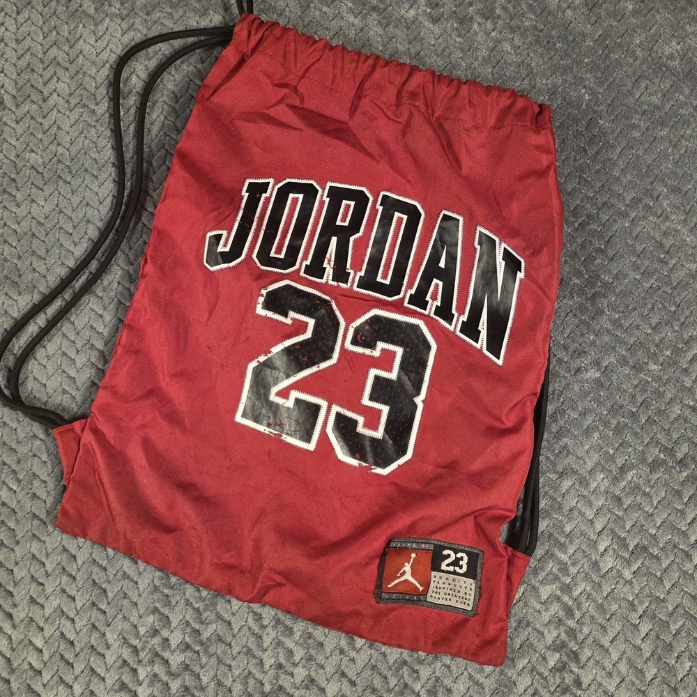 Jordan 23 Drawstring Gym Sack Backpack Red Black Zip Pocket 13x17